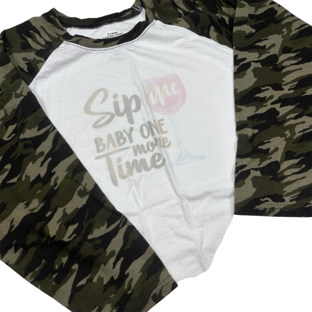 Baseball Shirt Women's XL White & Camo Sleeves "Sip Me Baby One More Time" - Picture 1 of 8